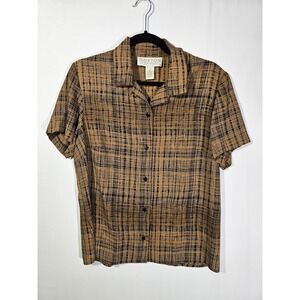 Norton McNaughton Womens Tan Black Abstract Grid Print Button Up Blouse Size 10
